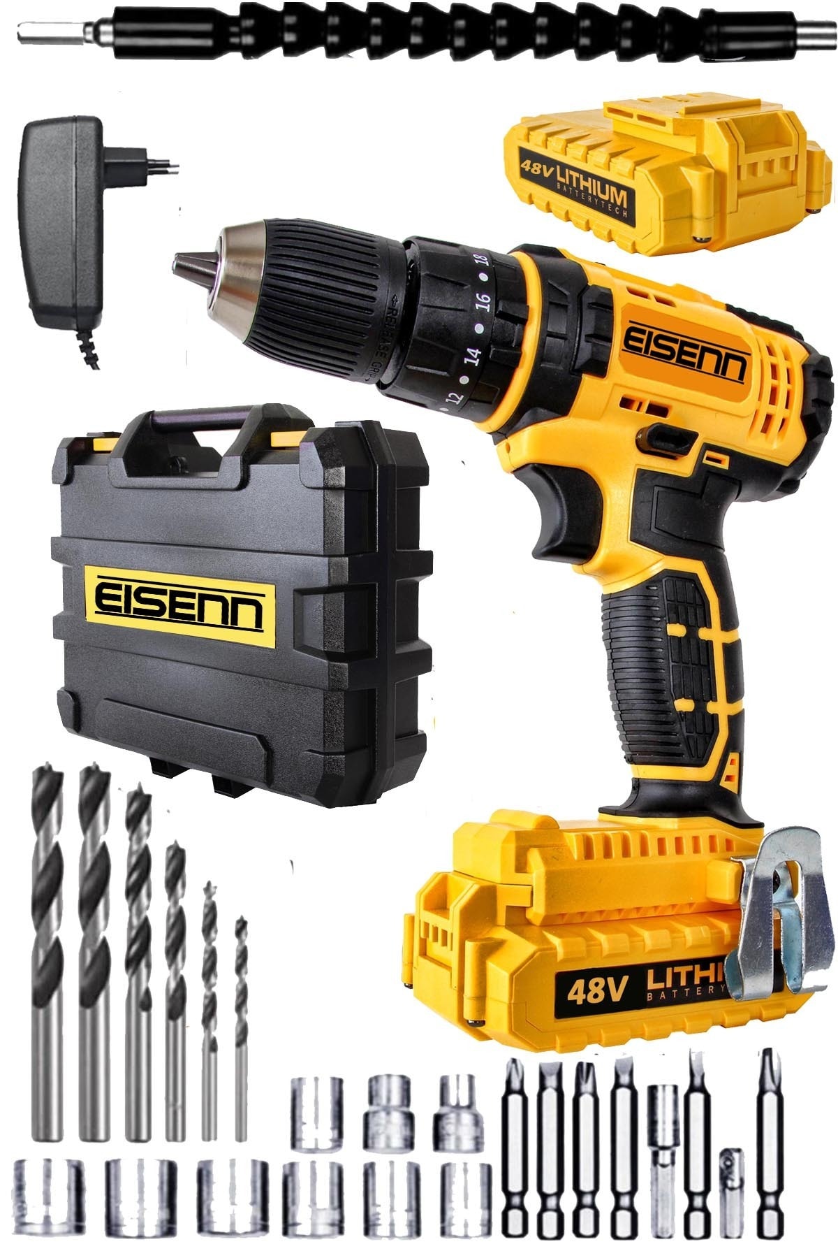 Eisenn Germany Technology Pro System 48 V 6 Ah Darbeli Metal Şanzuman Şarjlı Vidalama Matkap + 27 Pcs Set