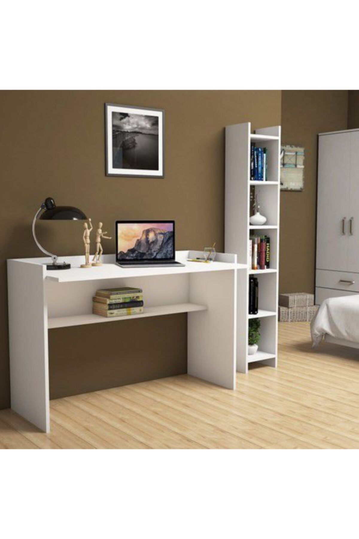 dekorstilim Mdf Sıla Beyaz Çalışma Masası Kitaplıklı 118 Cm