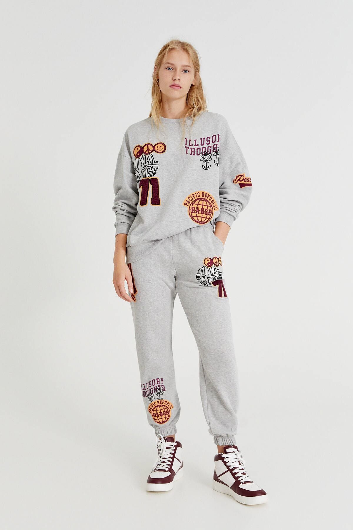 Pull & Bear Yamalı Melanj Gri Jogging Fit Pantolon