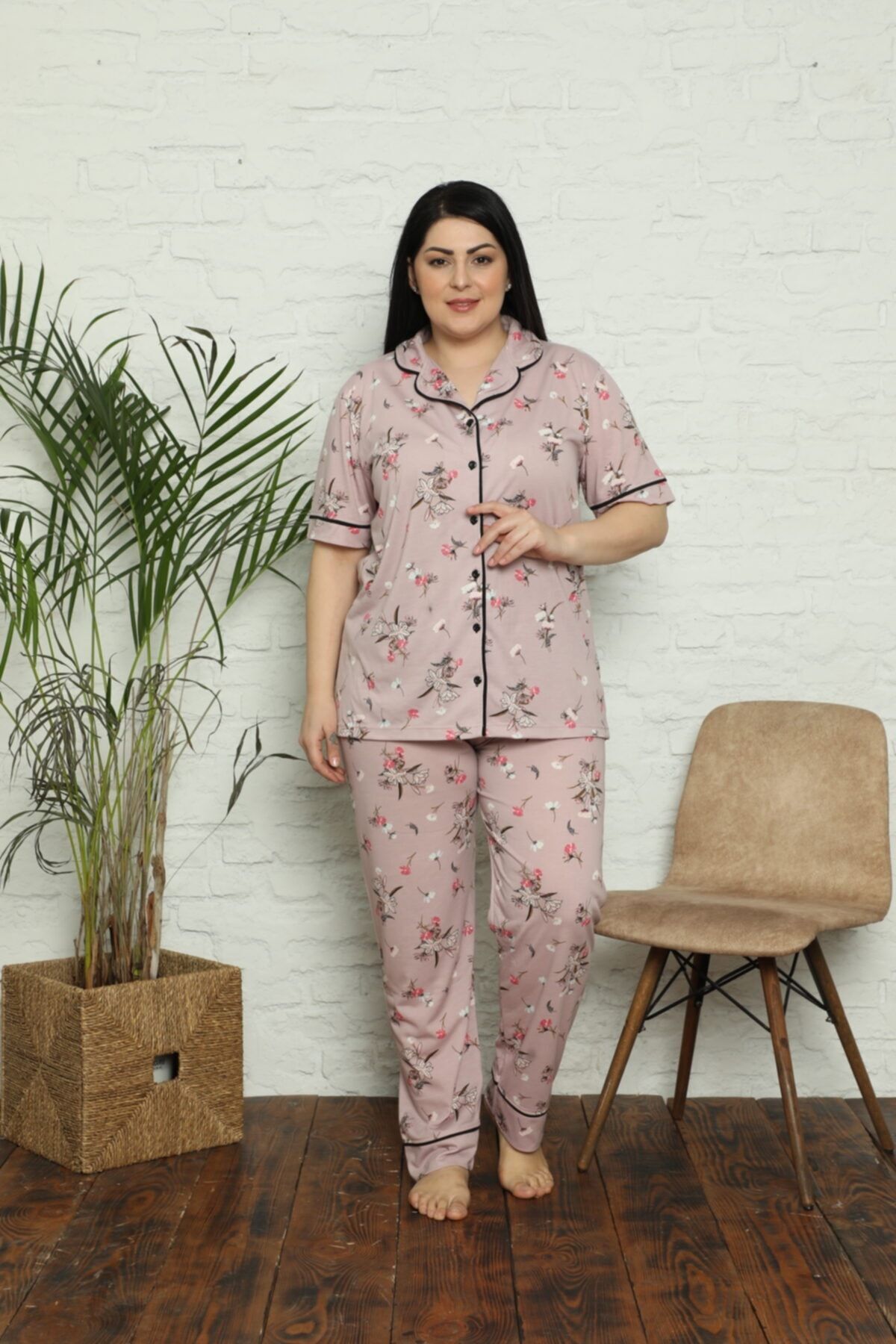pijamacity Kadın Pembe Desenli Battal Beden Pijama Takımı
