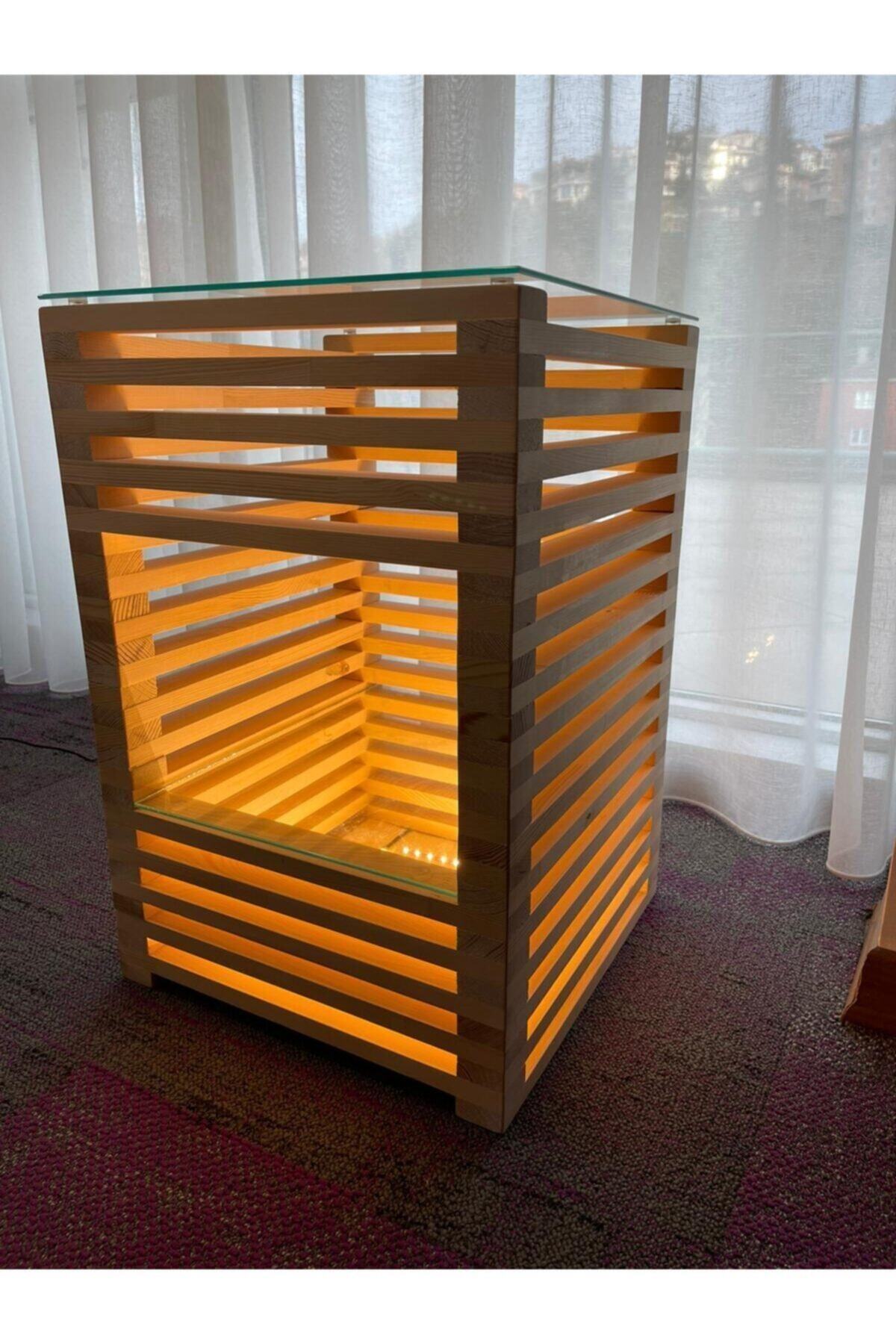 KILIÇİN Masif Ahşap Led Işıklı Raflı Yan Sehpa 35x35x60 Cm