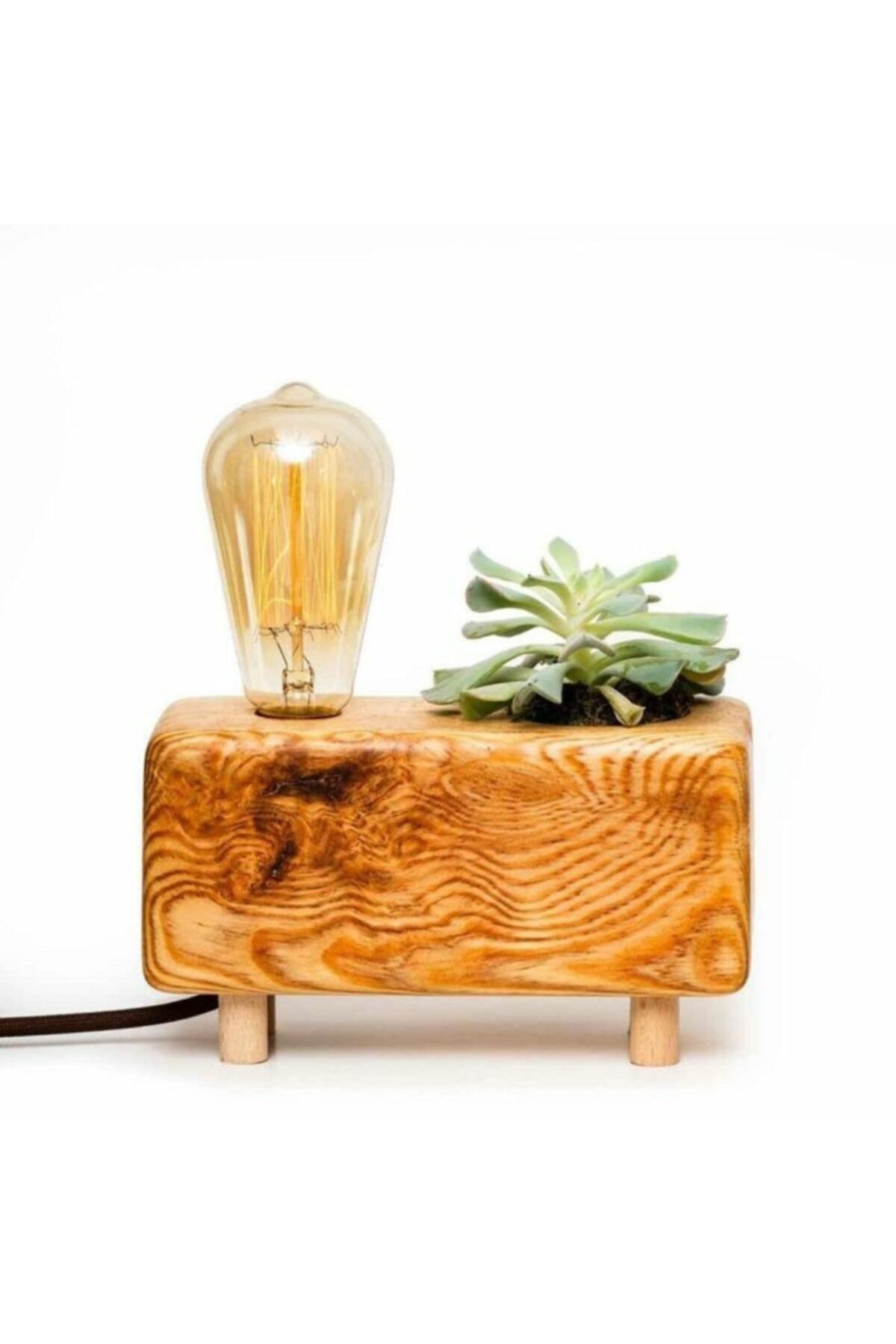 hü ma tasarım ve aksesuar Retro Rustik Ahşap Rubik Küp Masa Lambası - Sukulent Abajur