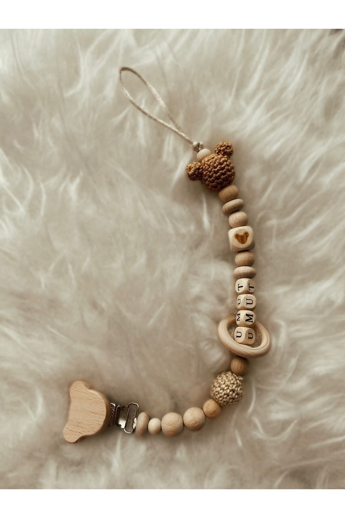 بند پستانک زنجیر چوبی طبیعی با جزئیات میکی