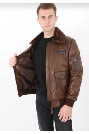 Erkek Taba Hakiki Deri Pilot Mont Lüks Kürk Yaka Detaylı Image 0