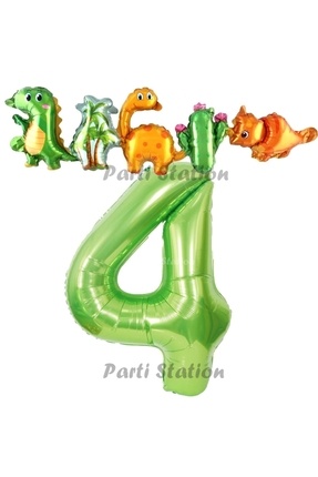 Yeşil Renk Rakam Balonlu Dinozor 4 Yaş Doğum Günü Parti Yapışık Balon Set Dinozor Tema Parti Set Image 0