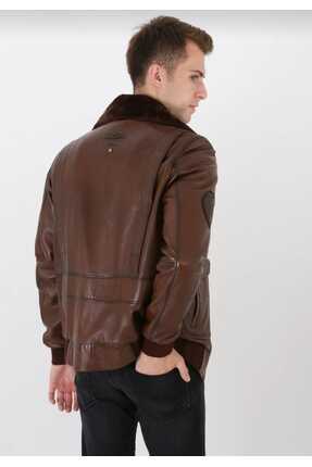 Erkek Taba Hakiki Deri Pilot Mont Lüks Kürk Yaka Detaylı Image 2