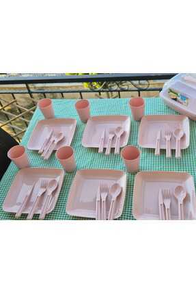 Piknik Seti 6 Kişilik 32 Parça Pembe 6 Adet Tabak 6 Adet Bardak 6 Adet Kaşık-çatal-bıçak Image 0