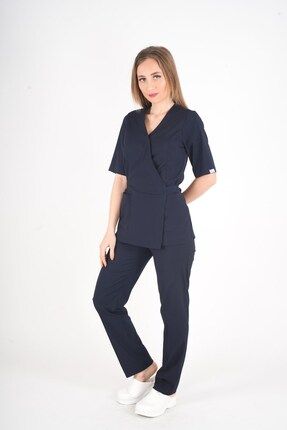 Lacivert Elegant Model Cerrahi Üniforma Belden Bağlamalı Scrubs Takım Image 0