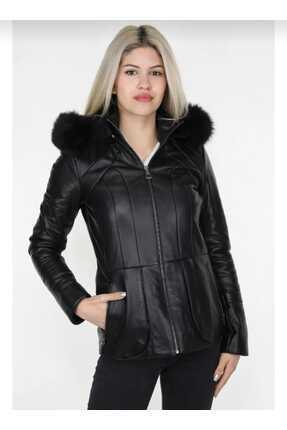 Kadın Siyah Kapüşonlu Kürklü Deri Kaban Image 3