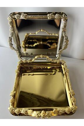 GÜMÜŞ VE GOLD AYAKLI TASARIM KAHVE SUNUM TEPSİSi SETİ 2 KİŞİLİK 2 ADET Image 0