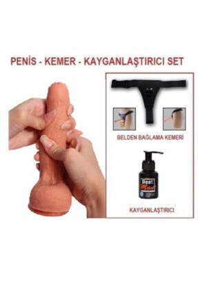 18 cm Belden Bağlamalı Çift Katmanlı Sünnetsiz Realistik Penis +Kemer+Kayganlaştırıcı Image 0