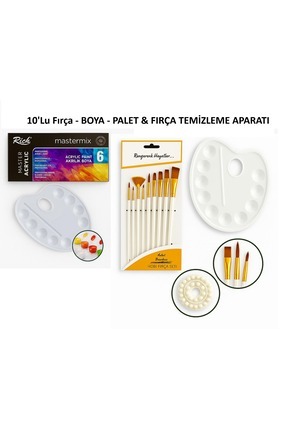 10 Lu Uzun Sap Fırça & 6 Lı Akrilik Boya & Palet & Fırça Temizeyici Set Image 0