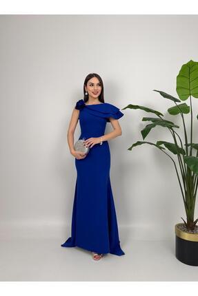 Kadın Lacivert Çiçek Drape Detay Uzun Abiye Mezuniyet Elbisesi Image 0