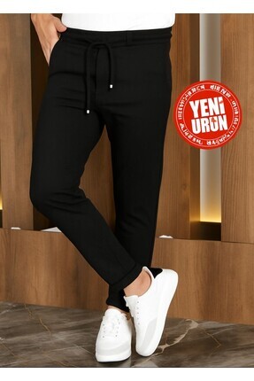 Erkek Siyah Jogger Slim Fit Beli Lastikli Bağcıklı Duble Paça Likralı Rahat Kalıp Pantolon Image 0