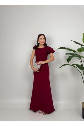 Kadın Bordo Çiçek Drape Detay Uzun Abiye Mezuniyet Elbisesi Image 1