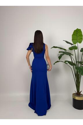 Kadın Lacivert Çiçek Drape Detay Uzun Abiye Mezuniyet Elbisesi Image 4