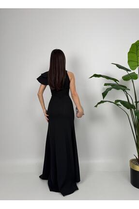 Kadın Siyah Çiçek Drape Detay Uzun Abiye Mezuniyet Elbisesi Image 4