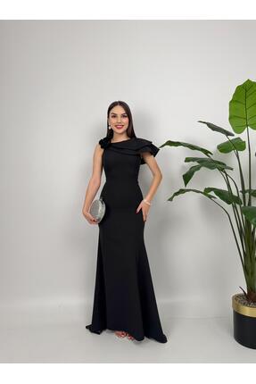 Kadın Siyah Çiçek Drape Detay Uzun Abiye Mezuniyet Elbisesi Image 1