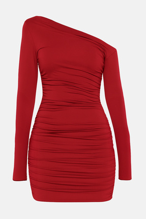 Kırmızı Vücuda Oturan Asimetrik Yaka Örme Kısa Elbisesi TEDAW25EL00006 Image 0