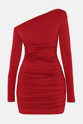 Kırmızı Vücuda Oturan Asimetrik Yaka Örme Kısa Elbisesi TEDAW25EL00006 Image 1