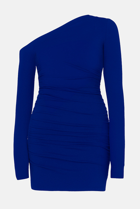 Saks Vücuda Oturan Asimetrik Yaka Örme Kısa Elbise TEDAW25EL00006 Image 1