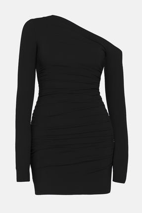 Siyah Vücuda Oturan Asimetrik Yaka Örme Kısa Elbisesi TEDAW25EL00006 Image 0