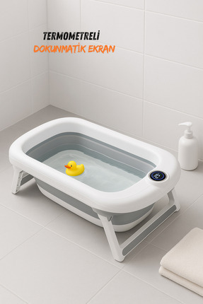 Yeni Dereceli Termometreli Katlanır Bebek Küveti 45 Lt Gri Image 0