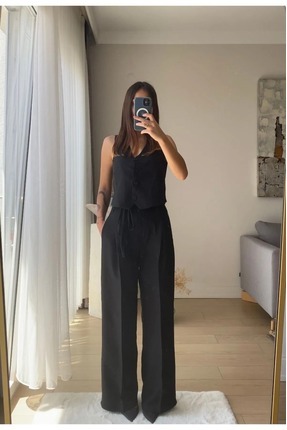 Kadın Keten Haki Yelek -Kemer Detay Pantolon Takım Image 0