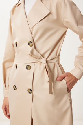 Kadın Krem Kruvaze Yaka Kuşaklı Mevsimlik Trençkot DD01374 Image 5