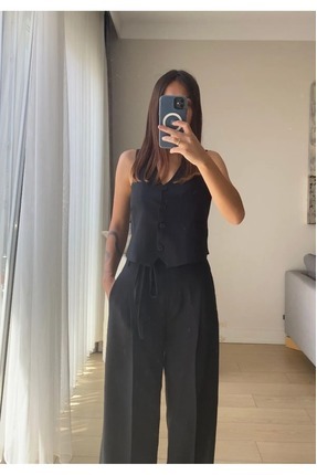 Kadın Keten Haki Yelek -Kemer Detay Pantolon Takım Image 1