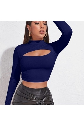 Kadın Lacivert Göğüs Dekolteli Uzun Kollu Cut Out Crop Top Bluz Image 0