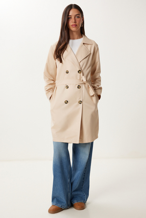 Kadın Krem Kruvaze Yaka Kuşaklı Mevsimlik Trençkot DD01374 Image 4