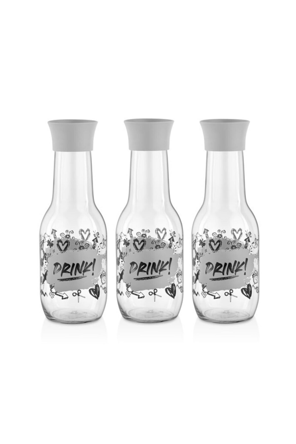 HermanaHome Karaf Model Desenli Cam Su - Süt Şişesi Seti ( 1000 Ml / 3 ' Lü )