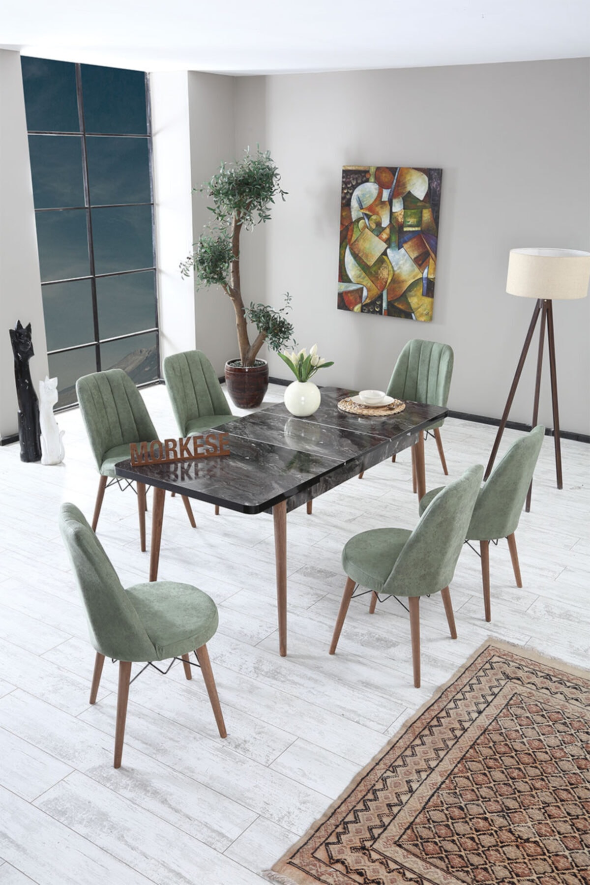 Morkese Alive Serisi Siyah Mermer Gold 6 Sandelyeli Açılabilir Yemek Ve Mutfak Masa Takımı - Haki Yeşili