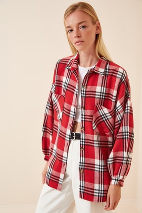 Happiness İst. Kadın Kırmızı Kareli Y&uuml;nl&uuml; Oversize Ceket G&ouml;mlek  US00666