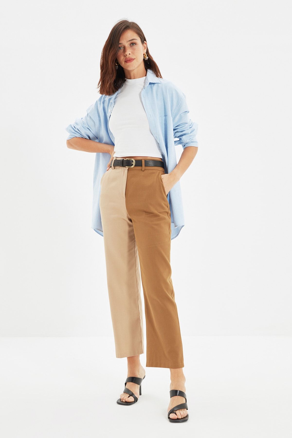 TRENDYOLMİLLA Kahverengi Renk Bloklu Pantolon TWOAW22PL0223