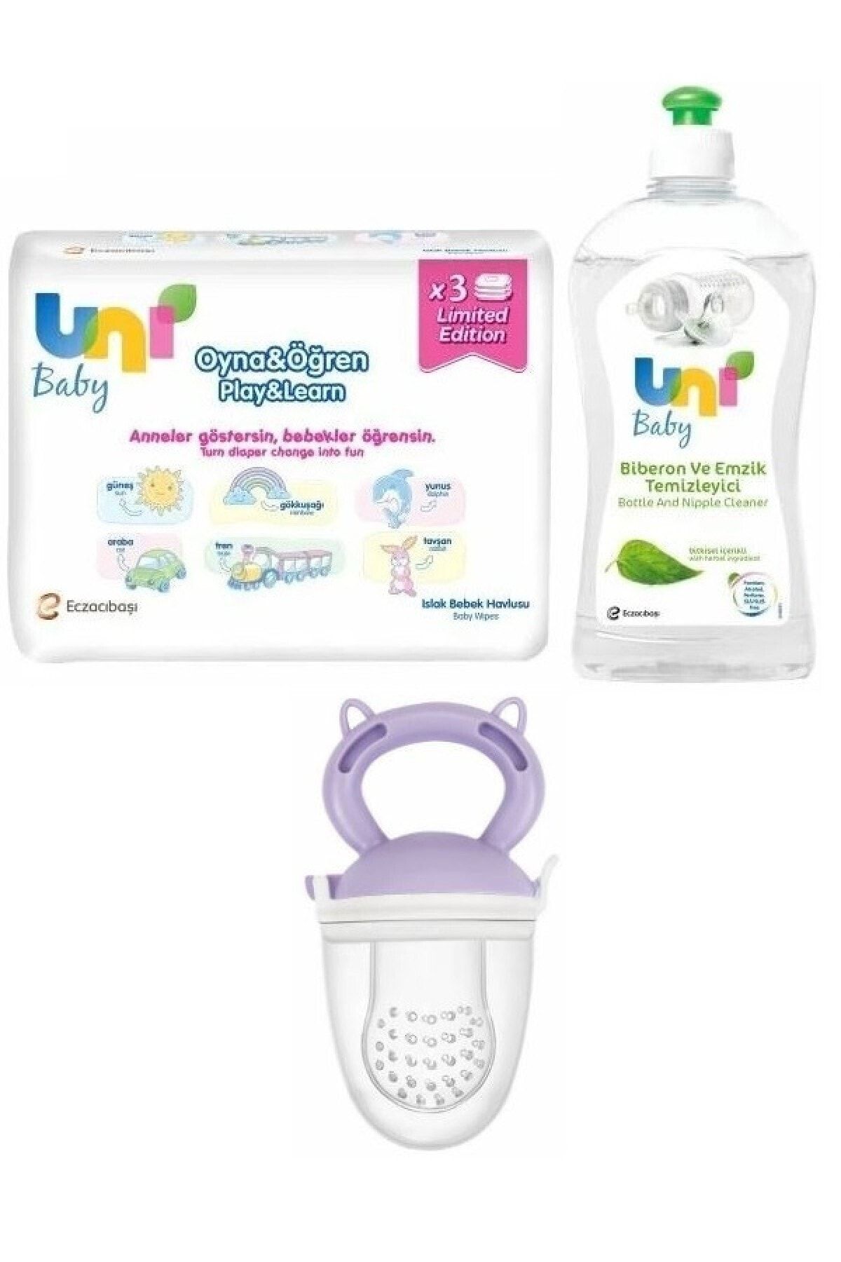 Uni Baby Islak Bebek Havlusu 3lü Set+ Bitkisel Içerikli Biberon Emzik Temizleyici 500 ml + Meyve Süzgeci Mor