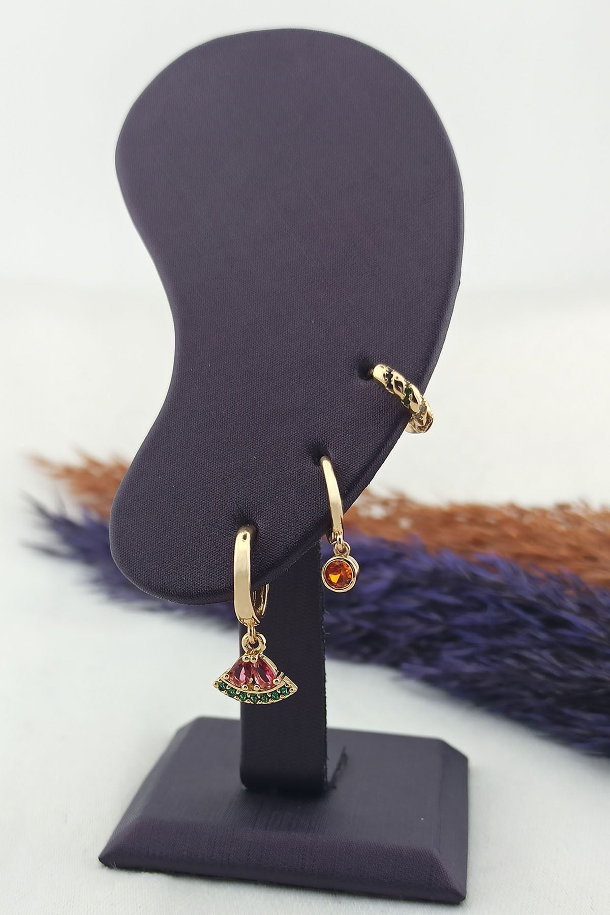 By Zeyna Aksesuar Kadın Kararmaz Altın Kaplama Meyve Model Kıkırdak Küpe Set