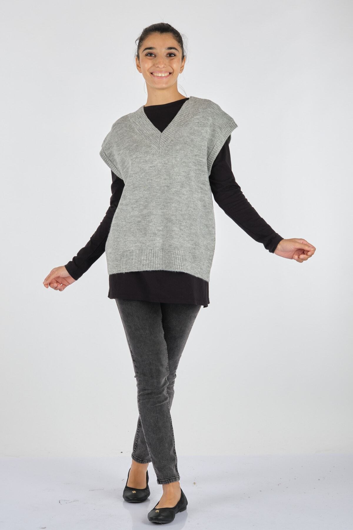 Two Mail Twomail V Yaka Kolsuz Gri Bayan Triko Mk2150021383