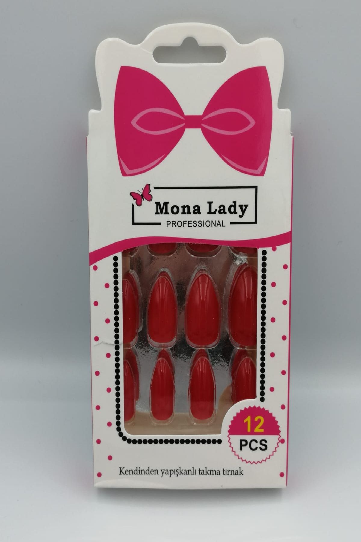 Mona Lady 12'li Kendinden Yapışkanlı Kırmızı Takma Tırnak-kısa-302-1