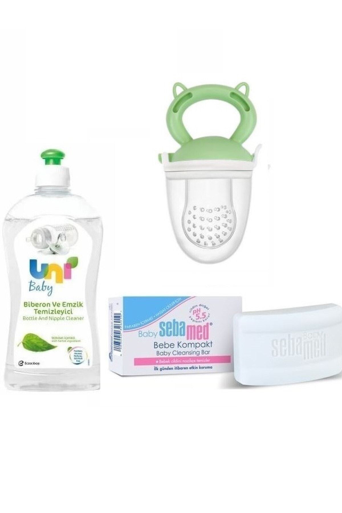 Uni Baby Süt Gıda Kalıntılarına Karşı Etkili Temizleyici 500 ml + Bebe Kompakt 100 gr + Meyve Süzgeci Yeşil