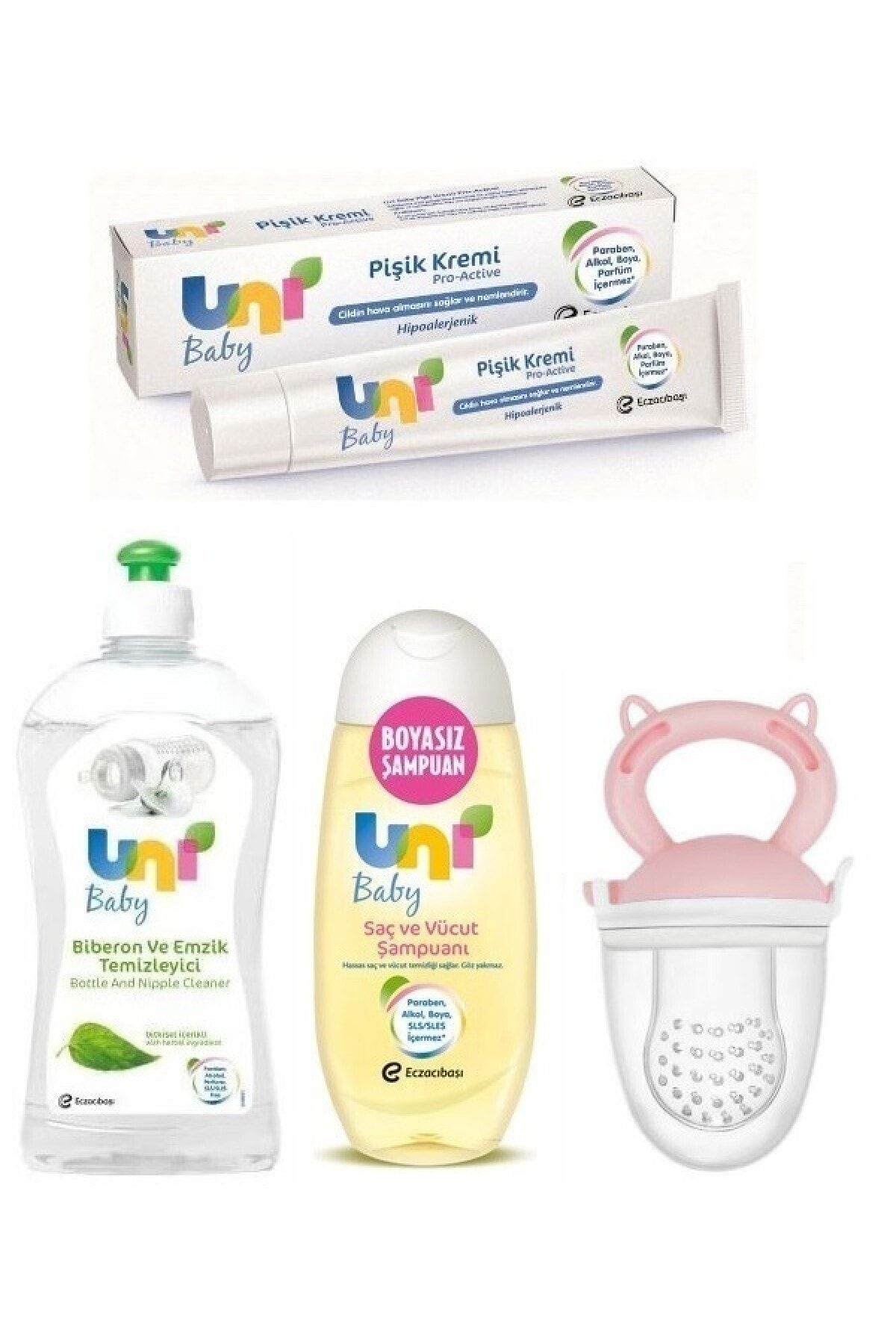 Uni Baby Temizleyici 500 ml + Şampuan 200 ml +Pişik Kremi 30 ml + Meyve Süzgeci Pembe