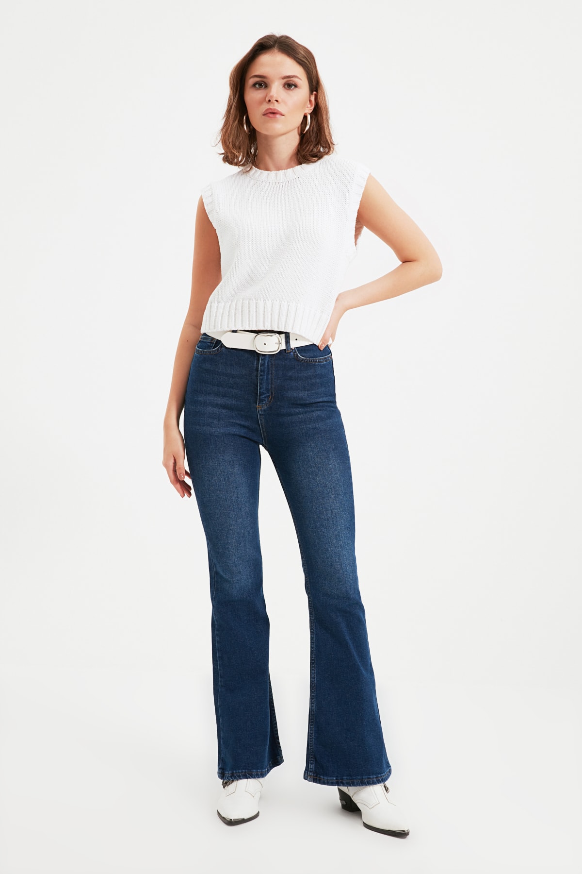 TRENDYOLMİLLA Mavi Petite Yüksek Bel Flare Jeans TWOAW22JE0525