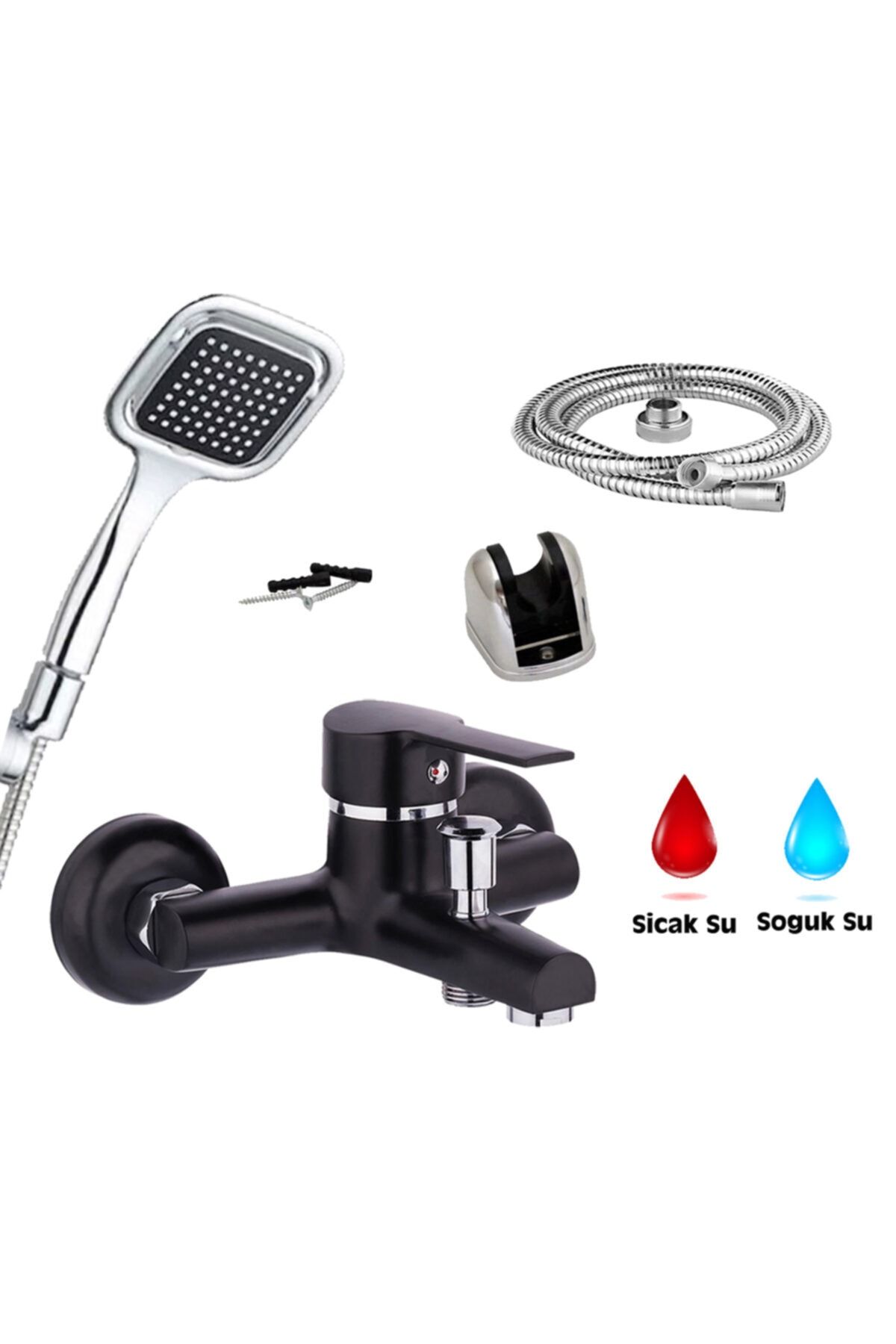 BlackFit Pirinç Çift Su Girişli Sıcak Soğuk Siyah Lüks Banyo Duş Bataryası Duş Başlığı Duş Hortumu Mafsal