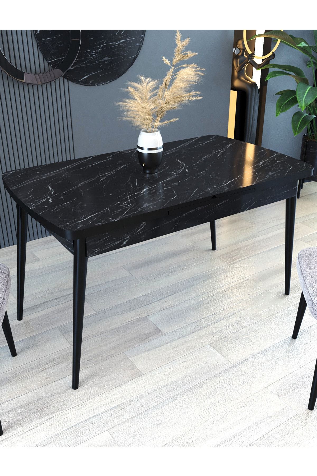 MYMASSA 70 X 120 Açılır Siyah Mermer Desenli Masa - Mutfak Masası - Yemek Masası