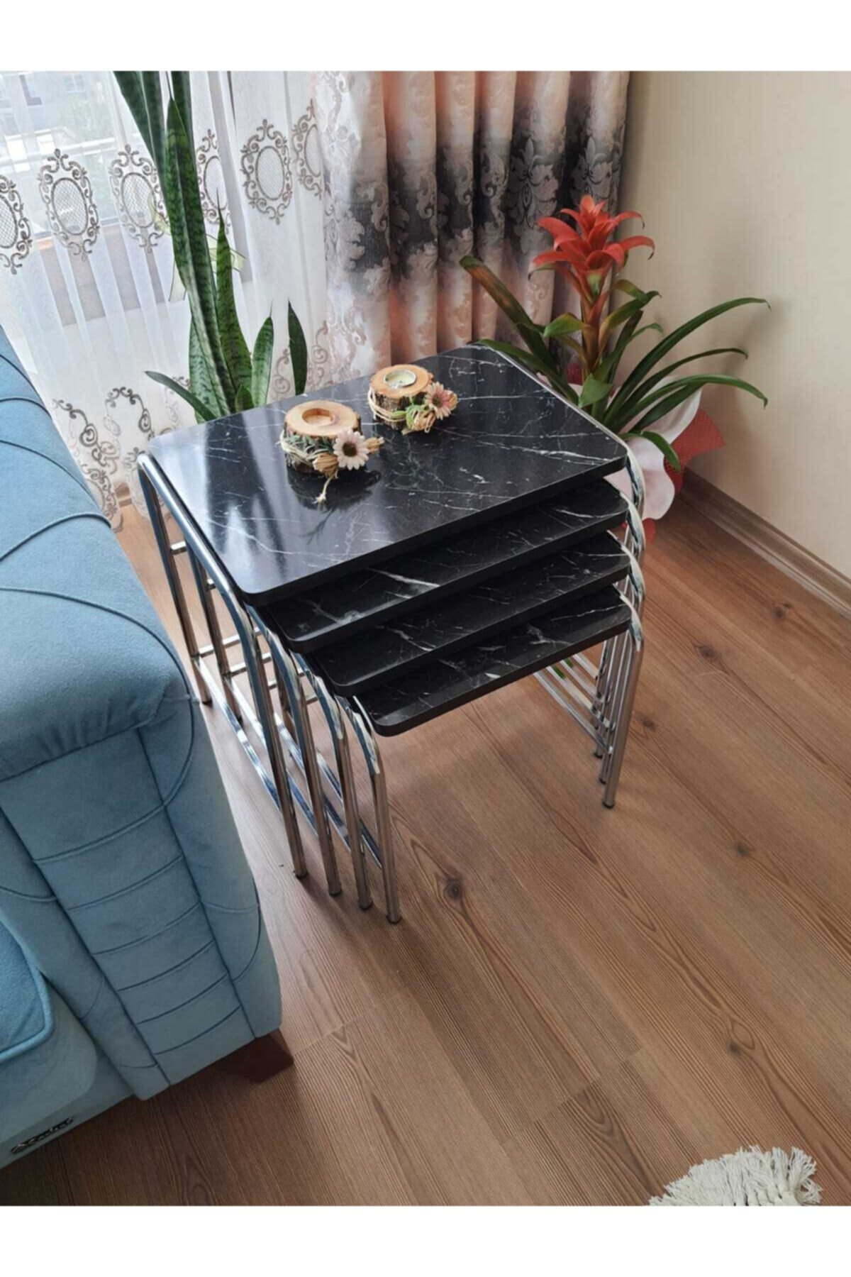 ŞAHBAZ MOBİLYA DEKORASYON Siyah Mermer Desenli 4'lü Zigon Sehpa