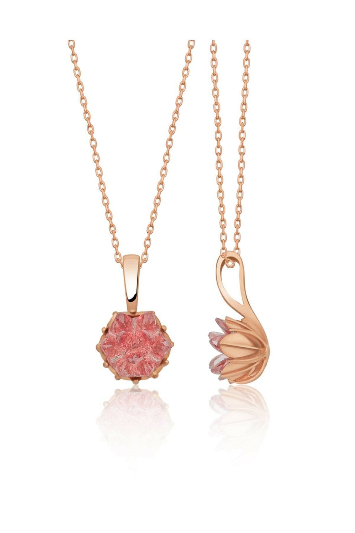 Papatya Silver 14 Ayar Rose Altın Lotus Çiçeği Pembe Taşlı Kadın Kolyesi