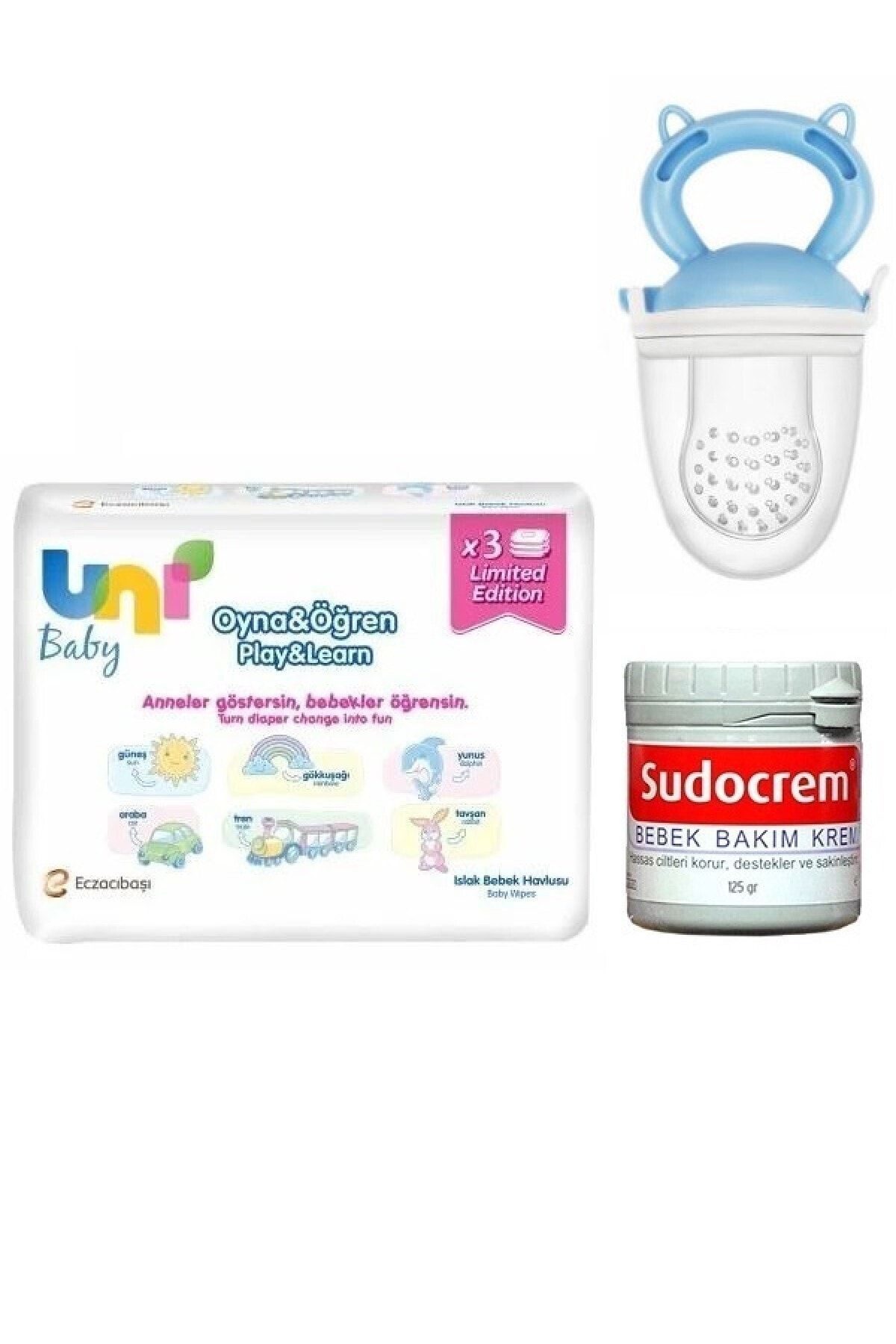 Uni Baby Oyna Öğren Mendil Seti 3lü+hassas Ciltlere Özel Krem 125 gr +Meyve Süzgeci Mavi