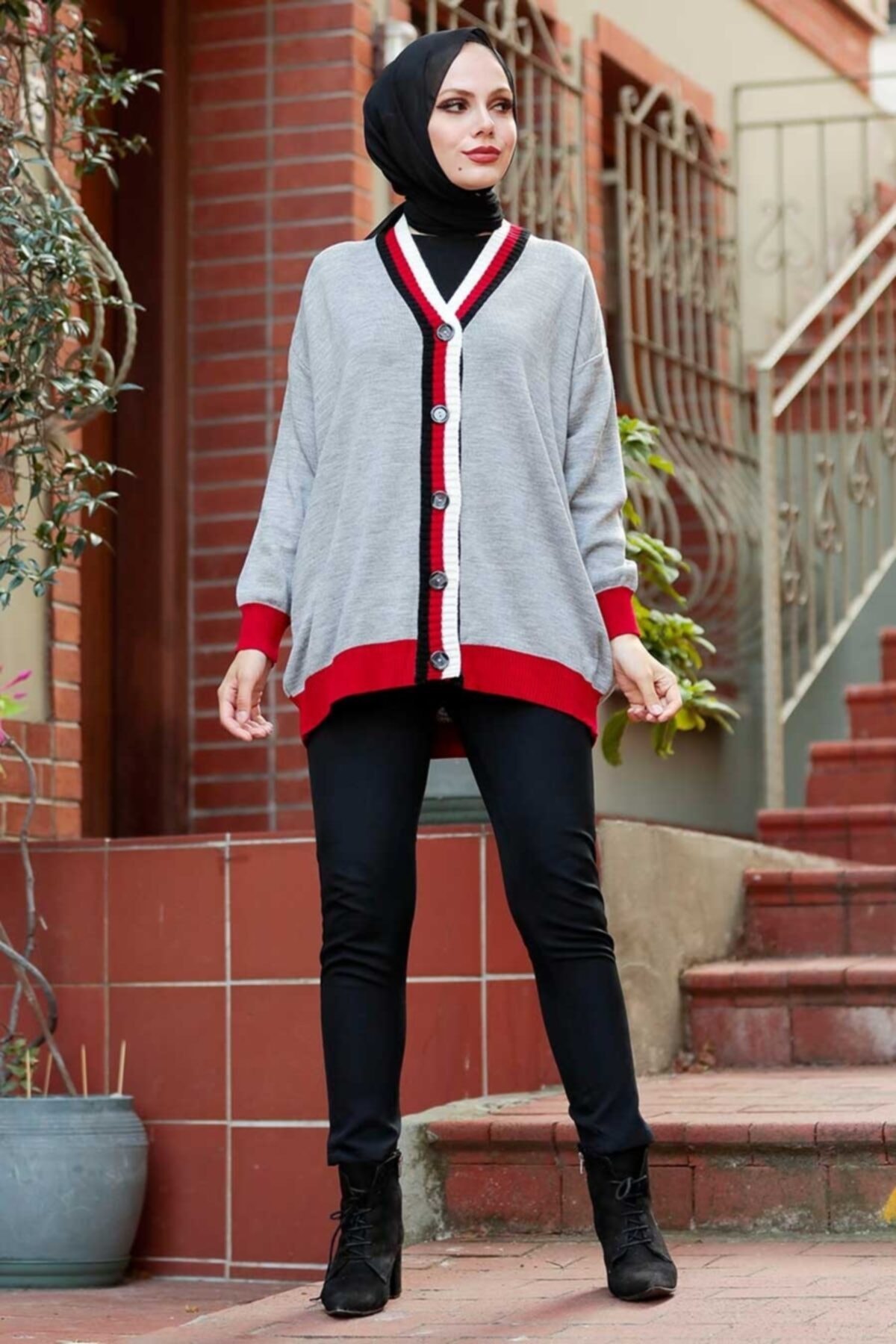 Neva Style Şerit Detaylı Gri Triko Hırka 2474gr