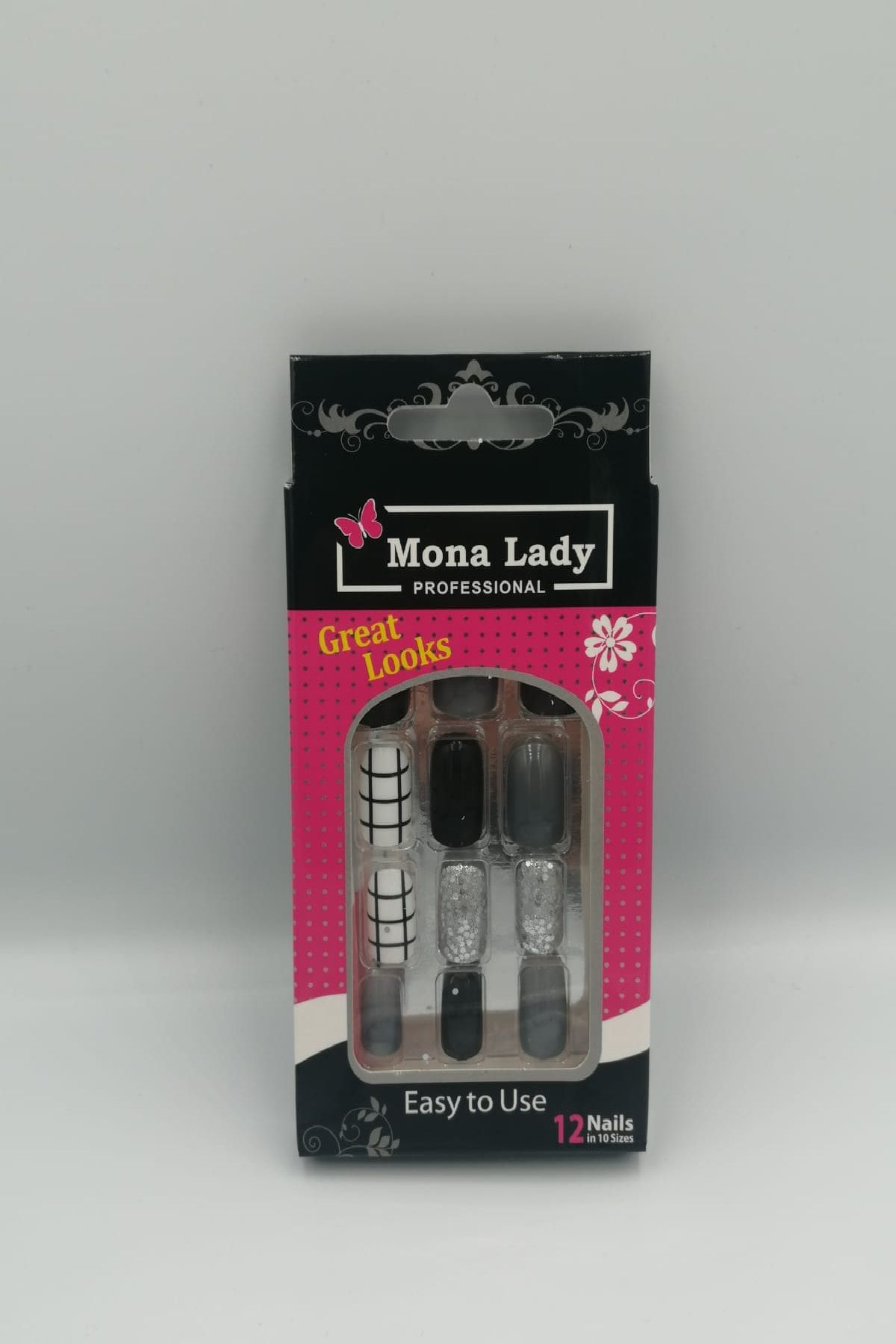 Mona Lady 12'li Desenli Takma Tırnak Yapıştırıcı Hediyeli-kısa-126a
